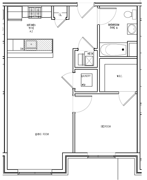 Floor plan for 1 bed, 1 bath, 650 sqft